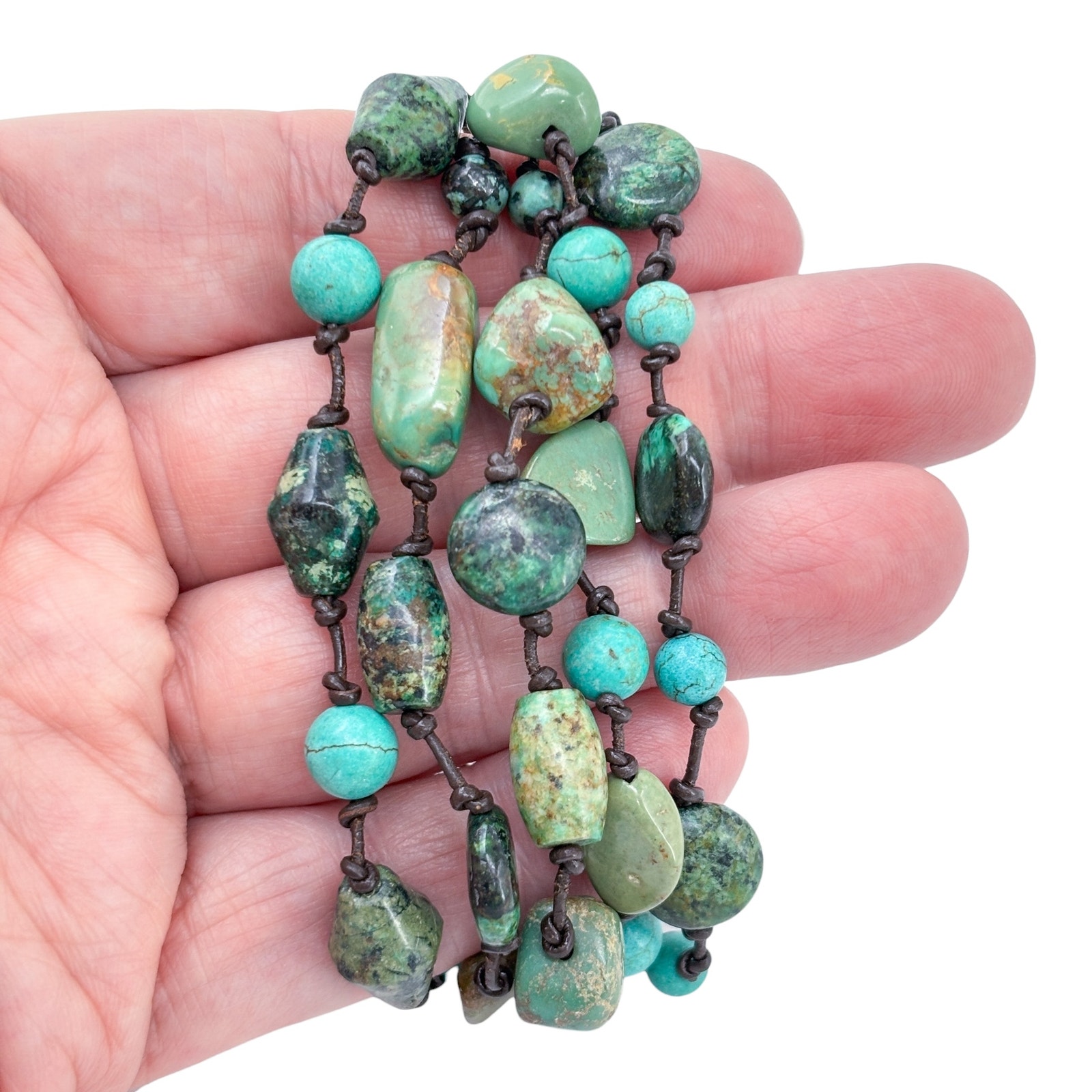 Vintage Sterling Silver 925 Turquoise Nugget Multi Strand Leather Bracelet 7.5"